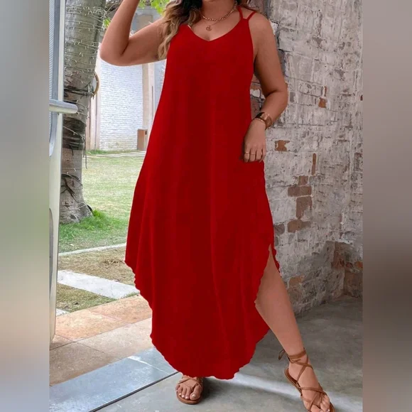 NEW Casual Stretch Knit Cami T Shirt Dress PLUS Midi Relaxed Fit Red - Picture 2 of 7